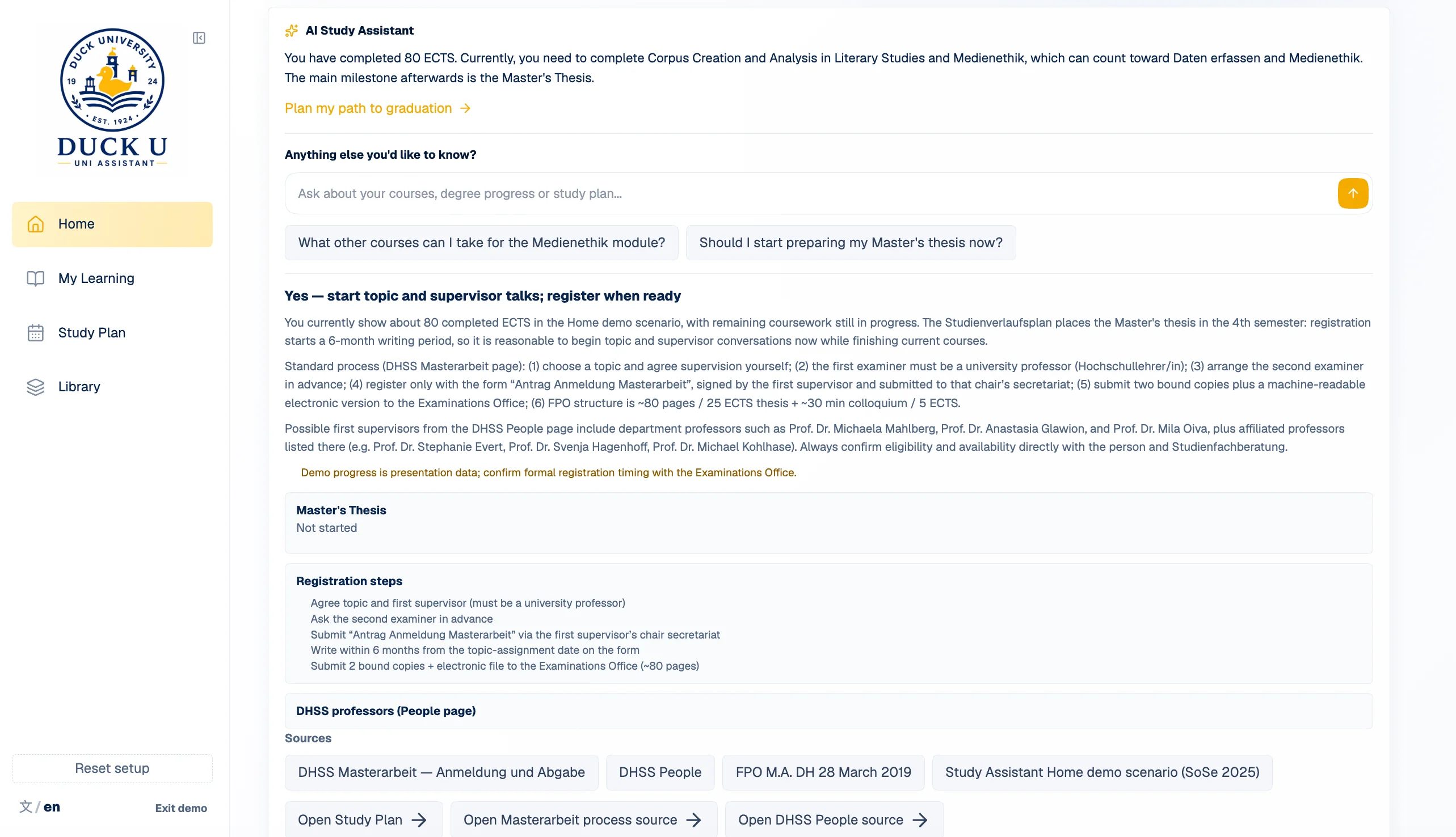 AI answer with suggestions in the FAU Study Assistant demo
