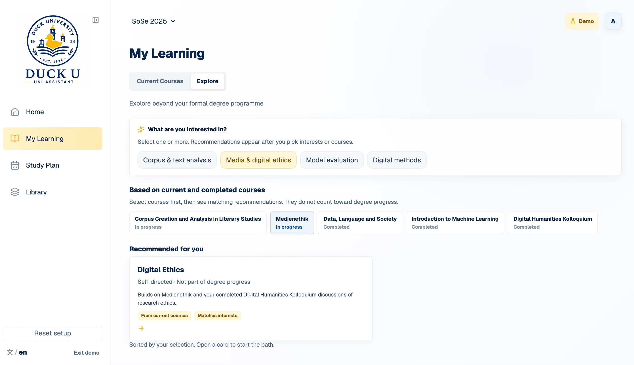 Interest-based exploration in the FAU Study Assistant demo