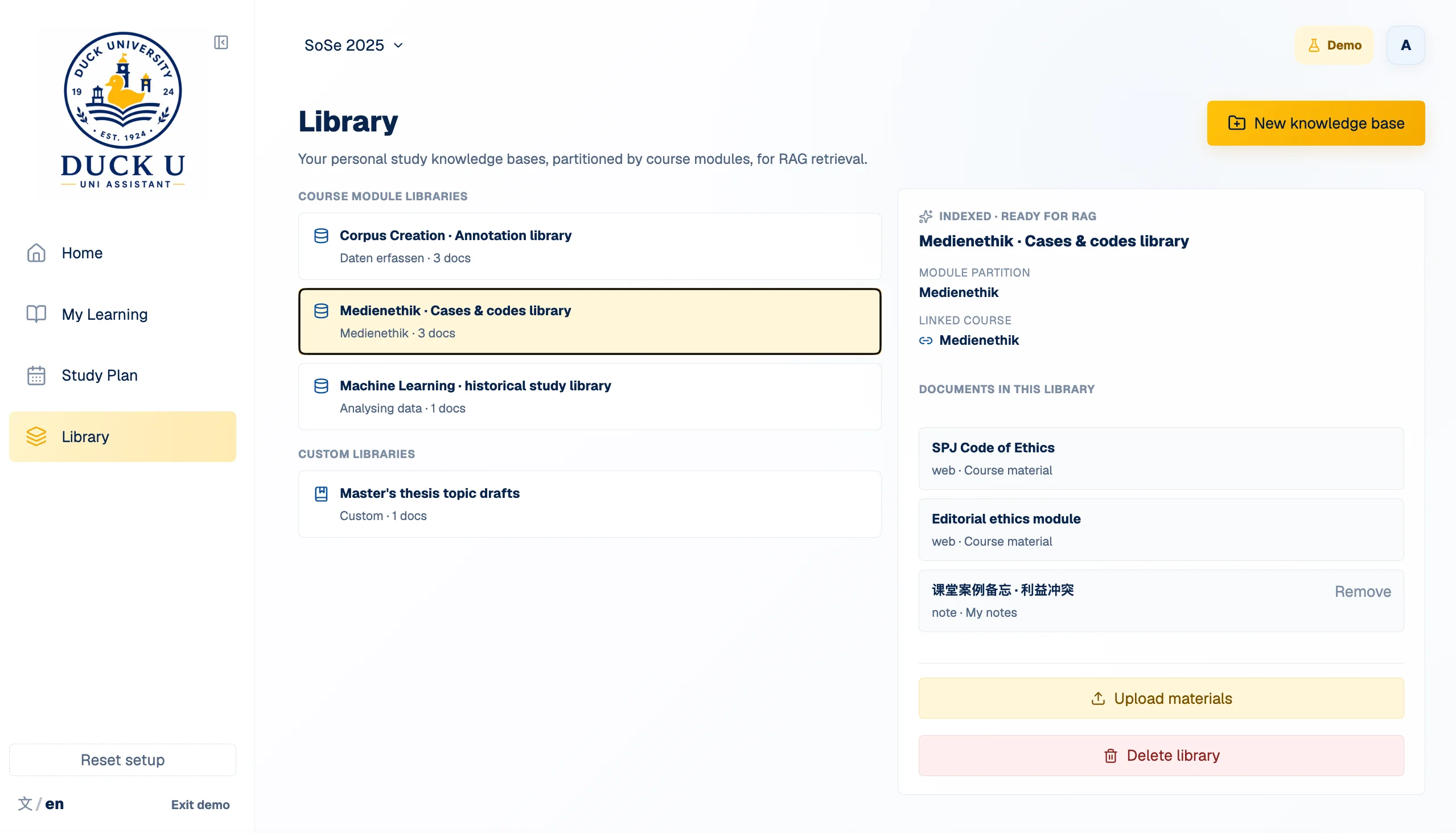 Knowledge Base with course materials and personal sources