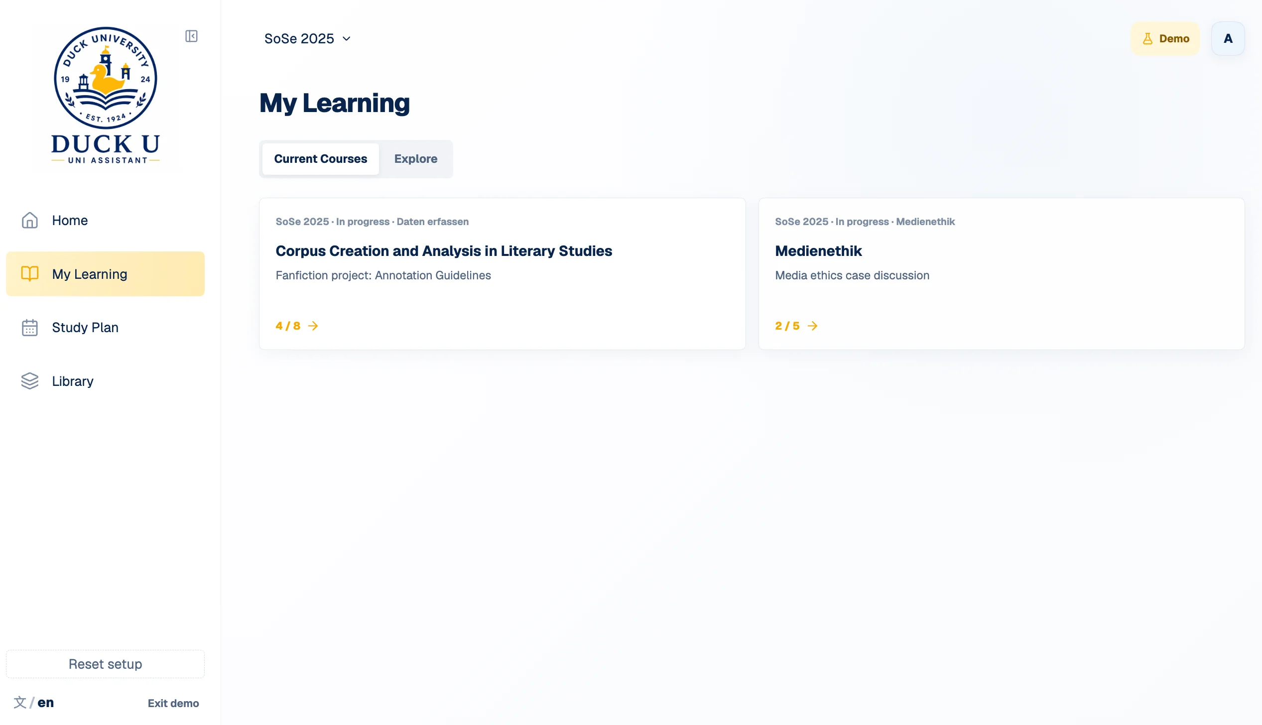My Learning workspace with AI-guided questions and course materials